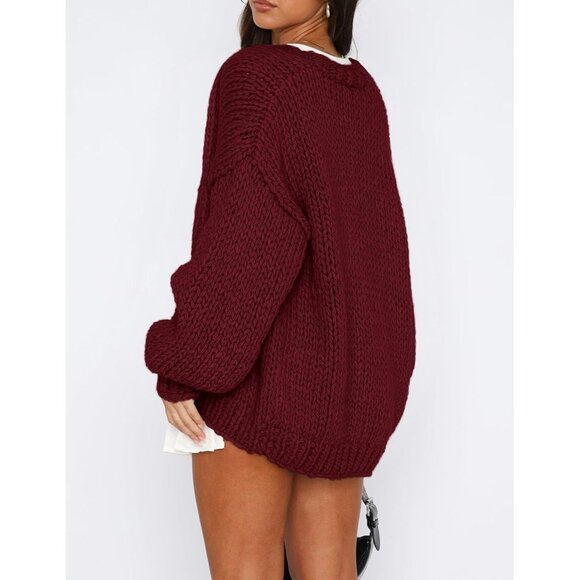 Womens Trendy Cardigan Sweaters Wine Red Long Sleeve Chunky Knit Outfits - Picture 2 of 8